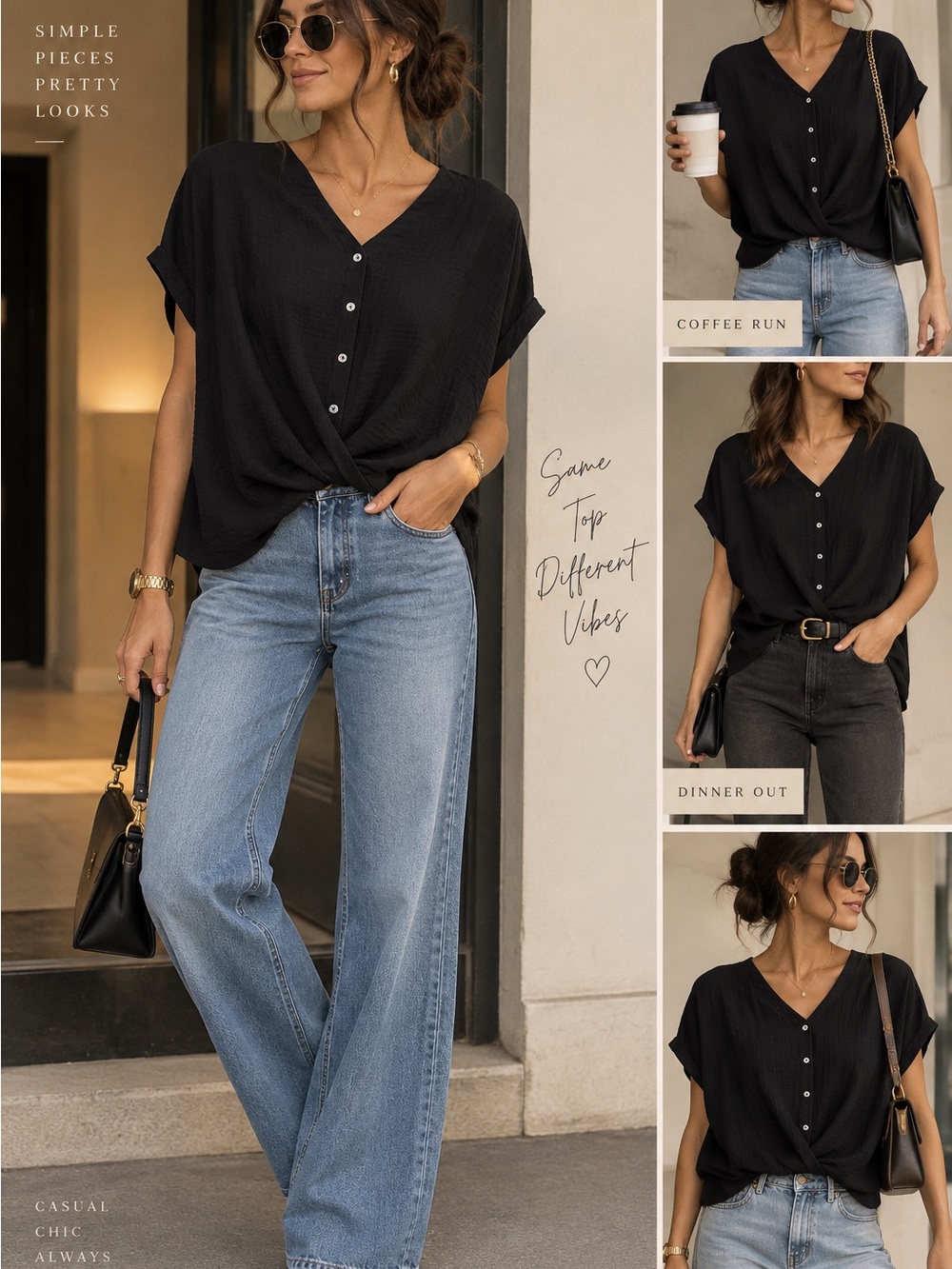 She + Sky Black Button-Front V-Neck Short Sleeve Top
